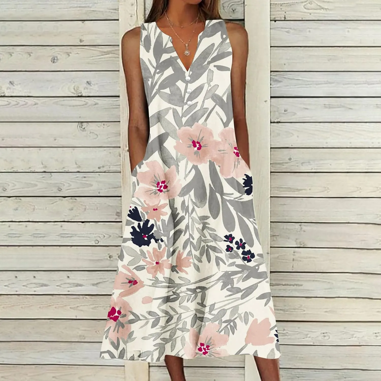 Womens Summer Design Casual Dress Fashion Floral Printed Sleeveless Button V-Neck 2025 Dress Long Dress with Pockets